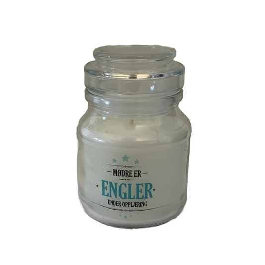 Lys i krukke med teksten: "Mødre er engler under opplæring". 10 cm høy.